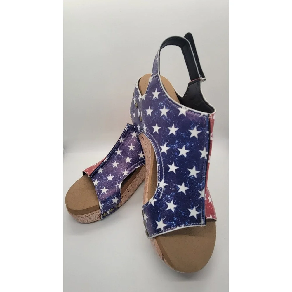 Women's American Flag Wedge Sandals EU 37 US 6 Patriotic Cork Platform Slingback